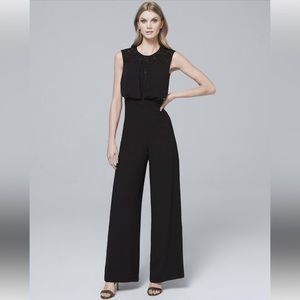 White House Black Market Lace Inset-Bodice Black Wide-Leg Jumpsuit